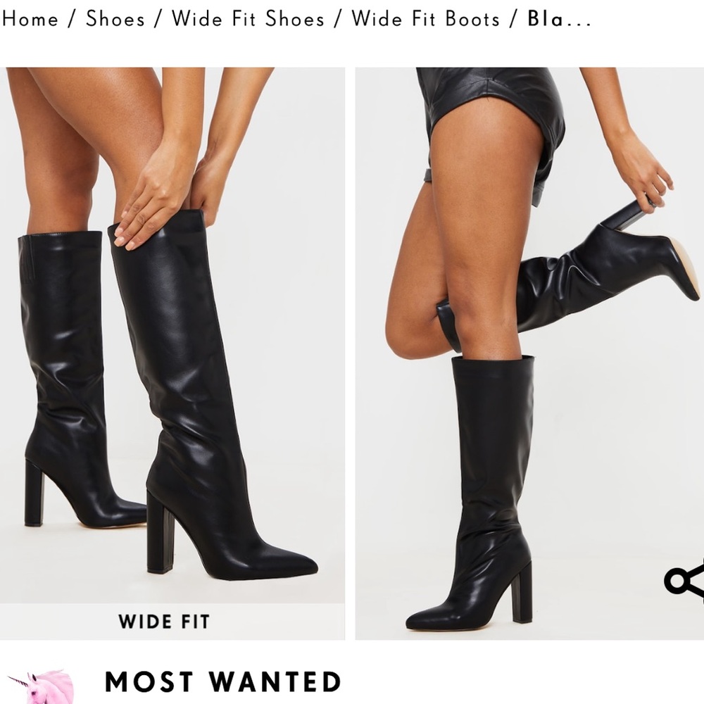 Black Wide Fit Knee High Point Block Heel Boot